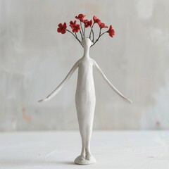 White clay figurine of a man with red flowers on his head
