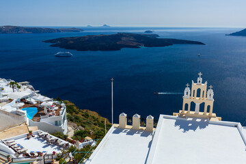 Beautiful sea view, white house, blue and white architecture, greek orthodox churche, Travel and...