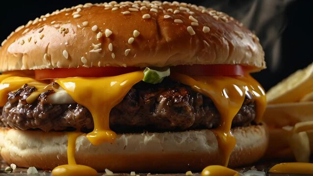 Delicious hamburger oozing melted cheese sandwiched between soft buns