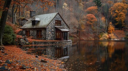 Peaceful lakeside cottage, rustic stone amidst autumn foliage, perfect for reflection. Private retreats