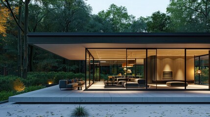 Obraz premium Ultimate retreat in a contemporary glass house, blending with nature, seamless spaces. Private retreats