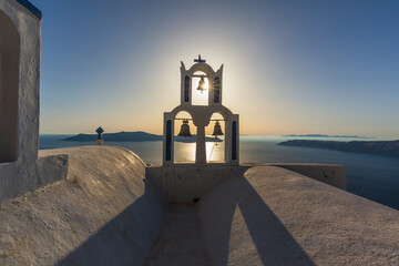 Beautiful sea view, white house, blue and white architecture, greek orthodox churche, Travel and...