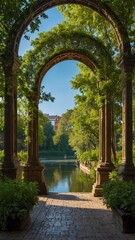Stone archway frames picturesque view of tranquil park. Lush greenery drapes over archway, casting dappled sunlight onto cobblestone pathway leading towards serene lake. Lake reflects clear blue sky.