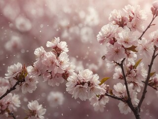 Delicate pink cherry blossoms bloom in clusters on graceful branches, creating breathtaking display of springtime beauty. Soft sunlight filters through petals, casting warm glow.