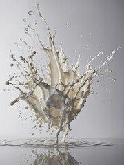 Splash of milk erupts upwards in chaotic yet graceful display, defying gravity with its intricate tendrils, droplets suspended in mid-air. Smooth, white liquid forms central column.
