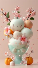 Imaginative and playful arrangement of ice cream scoops designed to resemble smiling fruits, adorned with flowers and set in a glass bowl, creating a delightful treat for children