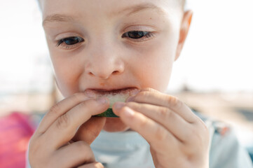 Close up of an adorable little boy biting watermelon.