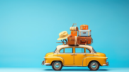 Yellow retro car with luggage and summer accessories on blue background with copy space