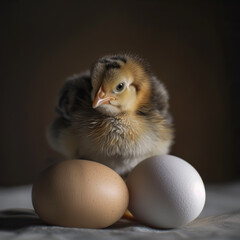 Eggs on a table. A baby chicken is sitting between the eggs