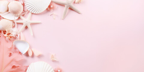 Summer vacation and holiday background, pale pink flat lay with tropical leaves and flowers, sea shells, starfish, beach accessories and copy space
