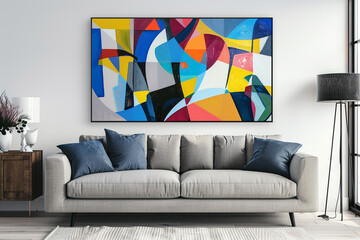 A wall piece of art featuring a modern abstract composition with bold colors and dynamic shapes.