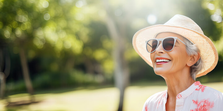 Happy elderly lady in summer park with copy space