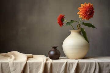 Still life with an earthen vase and a single dahlia, white curtains in the background