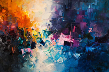 Abstract oil painting with a dynamic composition and a rich palette, inviting viewers to immerse...