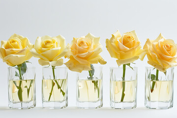 Yellow roses in vases with white background