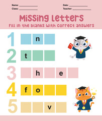 Missing letters worksheet. Complete the letters for number in English. Kids educational game. Printable worksheet for preschool. Writing practice. Vector file.
