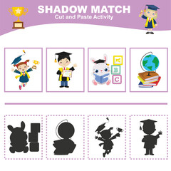 Cut the image in each box and glue it on each shadow. Find the correct shadow. Cut and paste activity for children. Printable activity page for kids. Learning Game. Vector file.