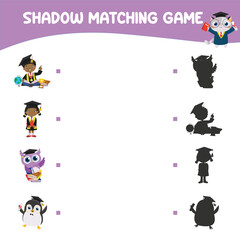 Matching shadow game for children. Find the correct shadow. Worksheet for kid. Printable activity page for kids. Learning Game. Vector file. 