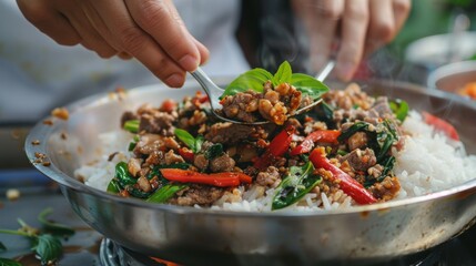 Hands using spoon the action of picking up rice topped with stir-fried beef and basil for eat,...