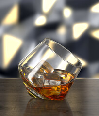 Glass of cognac on wooden table on background of wall with spotlights. Bar theme. Dark environment. 3d rendering.
