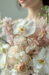 Luxurious wedding bouquet of orchids and roses in the hands of a bride in a wedding dress.