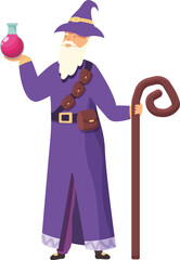 Old alchemist with magical potion icon cartoon vector. Liquid jar. Power balm