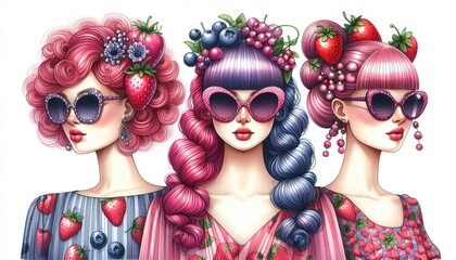 Obraz premium three fashion girls with berries fruit hairstyle on white background