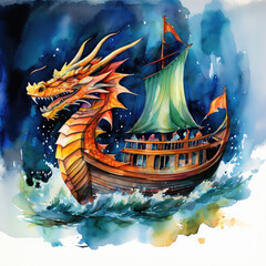 Naklejka premium Dragon boat racing festival. Dragon-shaped boats on water surface.