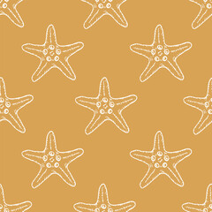 Seashells seamless pattern with starfish line art illustration on yellow background. Hand drawn sea star sketch, undersea drawing. Summer ocean beach print for background, textile, fabric, wrapping