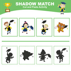 Cut the image in each box and glue it on each shadow. Find the correct shadow. Cut and paste activity for children. Printable activity page for kids. Learning Game. Vector file.