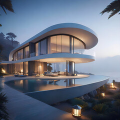 Fototapeta premium modern architectural design of a luxury villa on the seafront with flowing shapes and huge panoramic mirror windows,