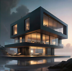 modern architectural design of a luxury villa on the seafront with flowing shapes and huge...