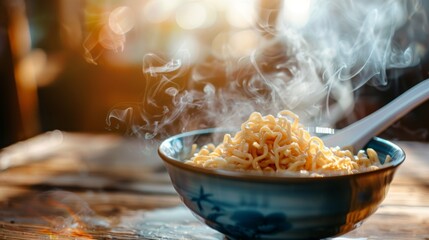 Noodles with steam and smoke in bowl on wooden background, selective focus. Asian meal on a table, junk food concept