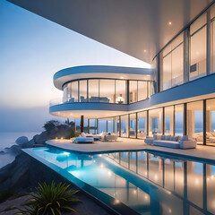 modern architectural design of a luxury villa on the seafront with flowing shapes and huge...
