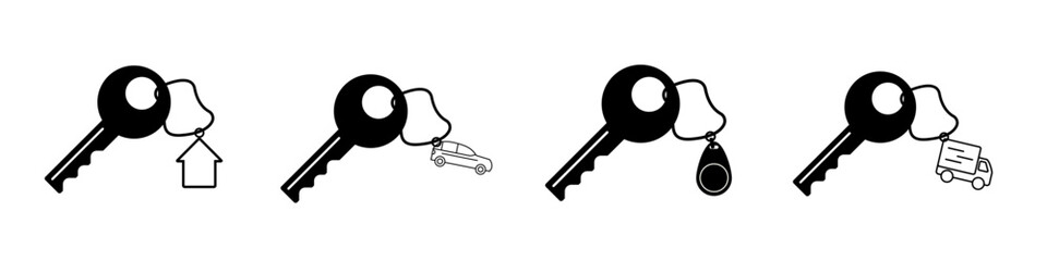 Keys icon. collection of icons of different keys. pack of beautiful vector icons of keys from the house, car, pass, truck.