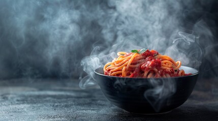 Pasta, spaghetti with tomato sauce in black bowl. Grey stone background., on dark Background with...