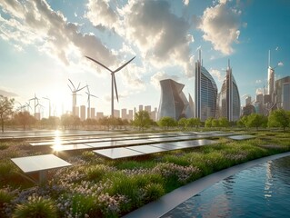 Future green city of the future with wind turbines and solar panels