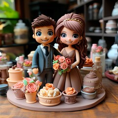 funny plasticine bride and groom. figurines for the wedding cake.