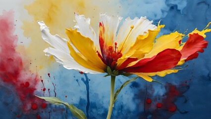 painting of a yellow and red flower on a blue background with watercolors and a white background, Art & Language, abstract brush strokes, an abstract painting