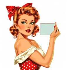A red-haired pin-up girl with a neat hairstyle and a bow in red clothes holds a business card.