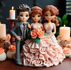 Funny plasticine groom with two brides or a bridesmaid. figurines for the wedding cake.