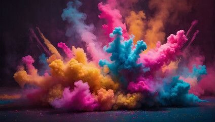 Vibrant bursts of neon smoke swirling like clubs in an explosion of Holi paint, creating an abstract psychedelic pastel light background.