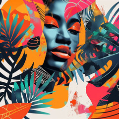 Silhouettes of women inside Abstract tropical leaves and flowers with bright colorful patterns on a cream background.