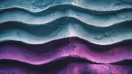 Rough textured wavy concrete urban wall with distressed horizontal wavy groove patterns in blue and purple