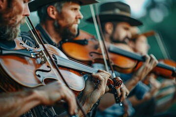 A bluegrass ensemble picking lively tunes with precision and speed, their music capturing the essence of Americana tradition