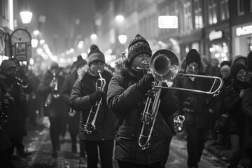 A group of people walking down a street while holding musical instruments, specifically brass...