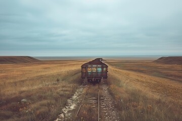 Fototapeta premium A cargo train is seen traveling through a field covered in dry grass. The train is transporting cars on flatbed wagons. The landscape is barren, with the train cutting through the open space