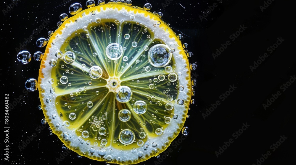 Poster slice of the lemon with bubbles on the black background