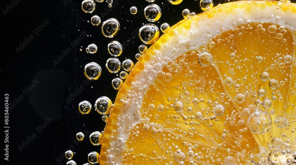 Poster slice of the lemon with bubbles on the black background