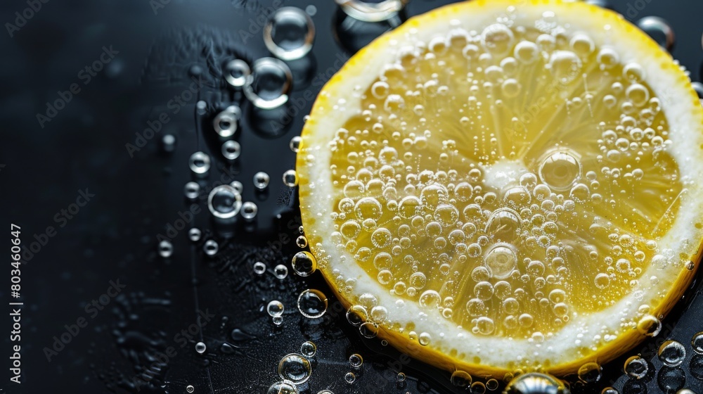Poster slice of the lemon with bubbles on the black background